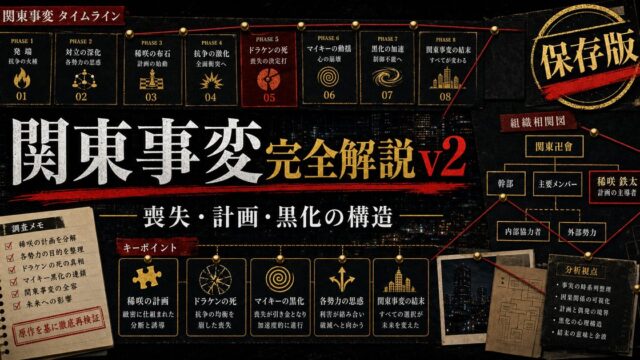 関東事変完全解説v2｜ドラケン死亡・稀咲の計画・マイキー黒化加速のすべてを原作で徹底再検証の要点を伝えるリベンジャーズ図鑑アイキャッチ画像