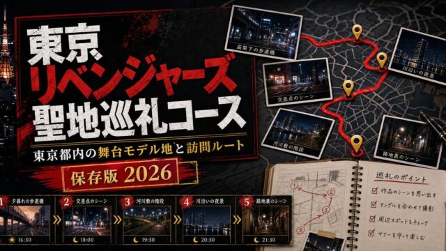 東京リベンジャーズ 聖地巡礼コース完全ガイド2026｜東京都内の舞台モデル地と訪問ルートを解説の要点を伝えるリベンジャーズ図鑑アイキャッチ画像