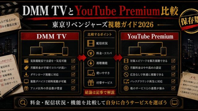 DMM TV vs YouTube Premium 東京リベンジャーズ視聴比較｜どちらで見るのがお得か2026年版の要点を伝えるリベンジャーズ図鑑アイキャッチ画像