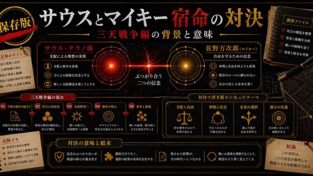 サウス・テラノ南 vs 佐野万次郎 宿命の対決全記録｜三天戦争編最大の激突の背景と意味の要点を伝えるリベンジャーズ図鑑アイキャッチ画像