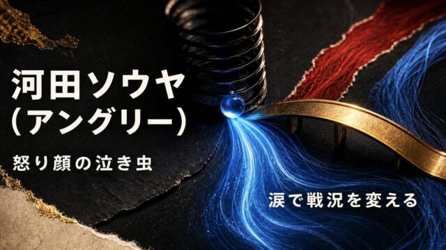 河田ソウヤを怒り顔の泣き虫で、涙による覚醒が戦況を変える人物として示したアイキャッチ