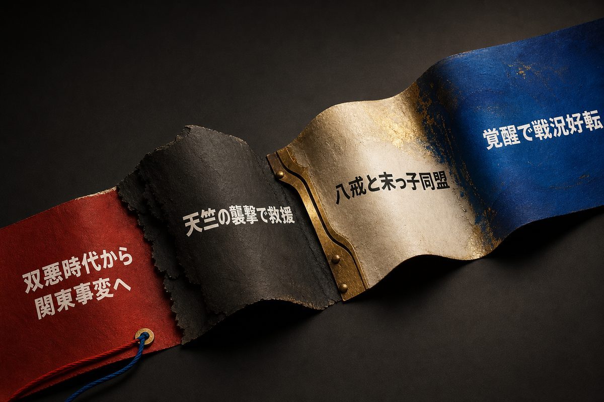 河田ソウヤの足跡を双悪時代、天竺襲撃時の救援、末っ子同盟、覚醒による戦況好転の順に示した図