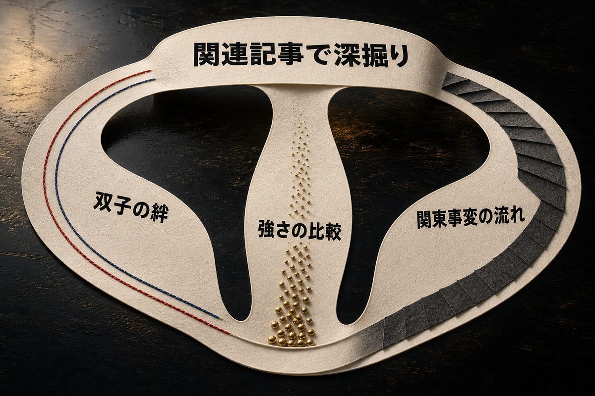 河田ソウヤの関連記事を双子の絆、強さの比較、関東事変の流れの三方向で深掘りする図