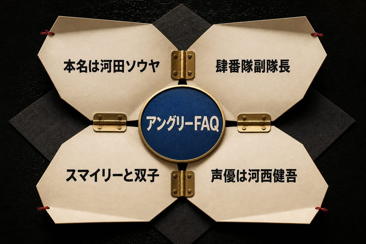 アングリーの本名、肆番隊での役職、スマイリーとの双子関係、声優をまとめたFAQ図