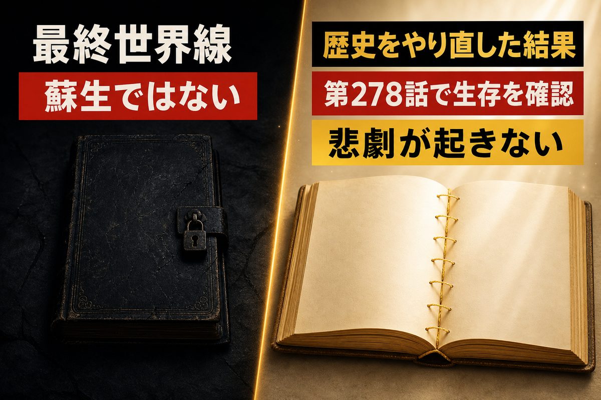 場地圭介が蘇生ではなく歴史のやり直しによって最終世界線で生存することを示す図
