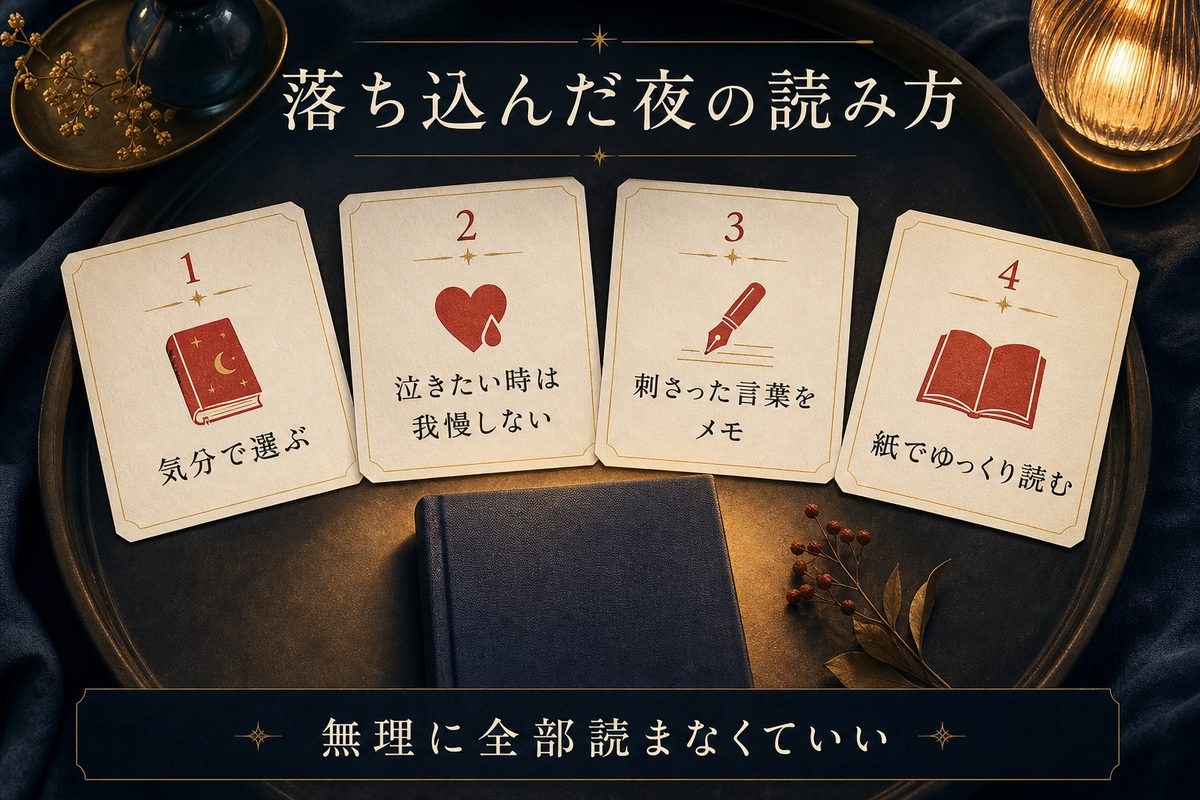 落ち込んだ夜に無理なく読むための四つの小さな工夫を整理した画像