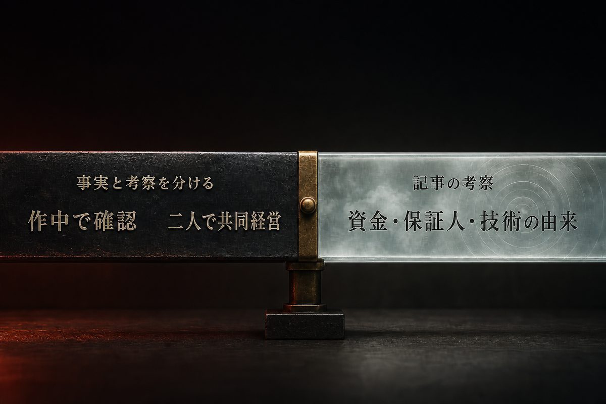 二人で共同経営する作中確認と資金・保証人・技術の由来という記事考察を固体と半透明素材で分けたImage 2図解