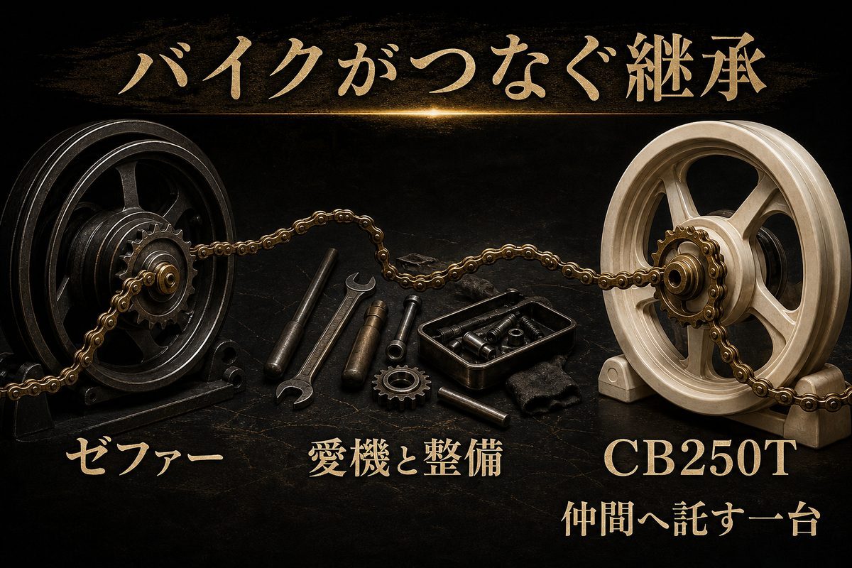 ゼファーの愛機と整備からCB250Tを仲間へ託す流れを二つの抽象的な車輪と一本のチェーンで示したImage 2図解