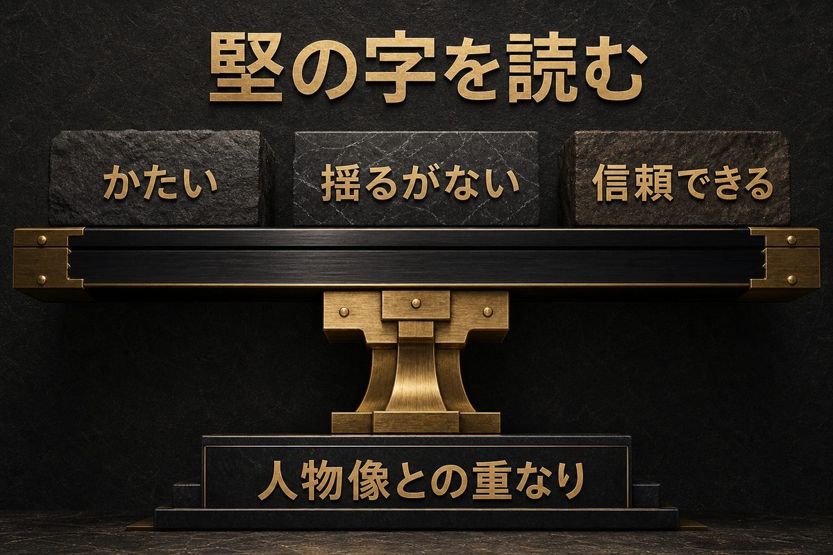 堅という字の、かたい・揺るがない・信頼できるという意味と人物像の重なりを示す図