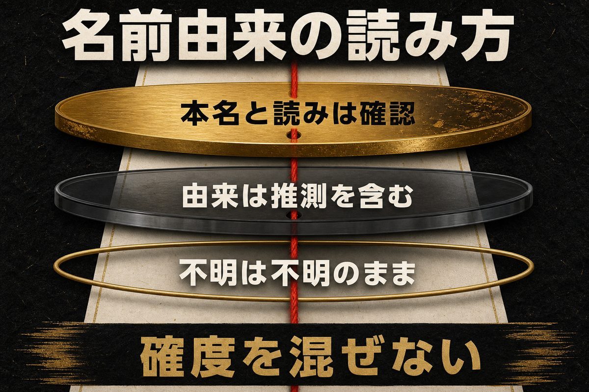 主要キャラの名前について、本名と読みは確認し、由来は推測を含み、不明を埋めないという整理方法を示す図