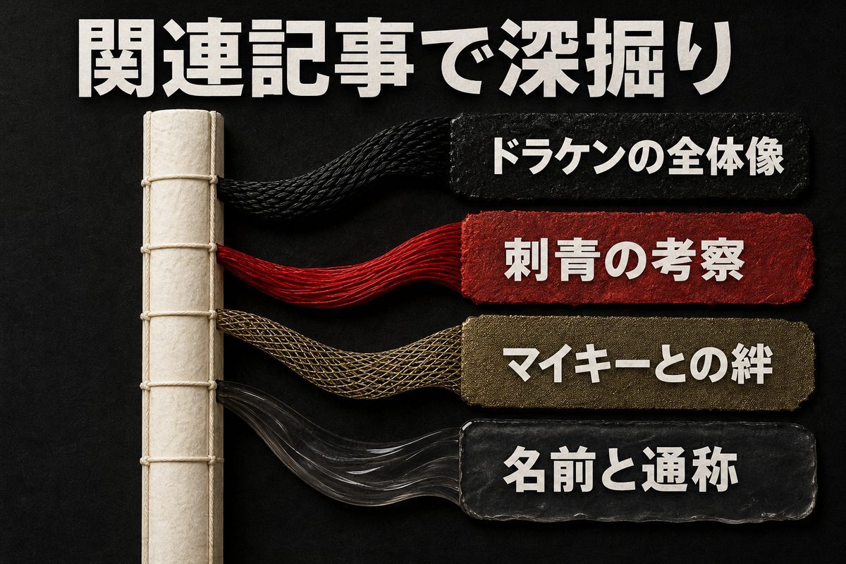 ドラケンの全体像、刺青の考察、マイキーとの絆、名前と通称へ進む関連記事の案内図