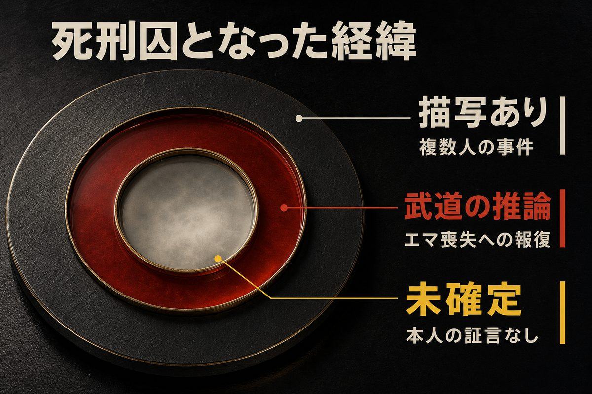 ドラケンが死刑囚となった経緯を、複数人の事件という描写、エマ喪失への報復という武道の推論、本人の証言なしという未確定情報に分けた図