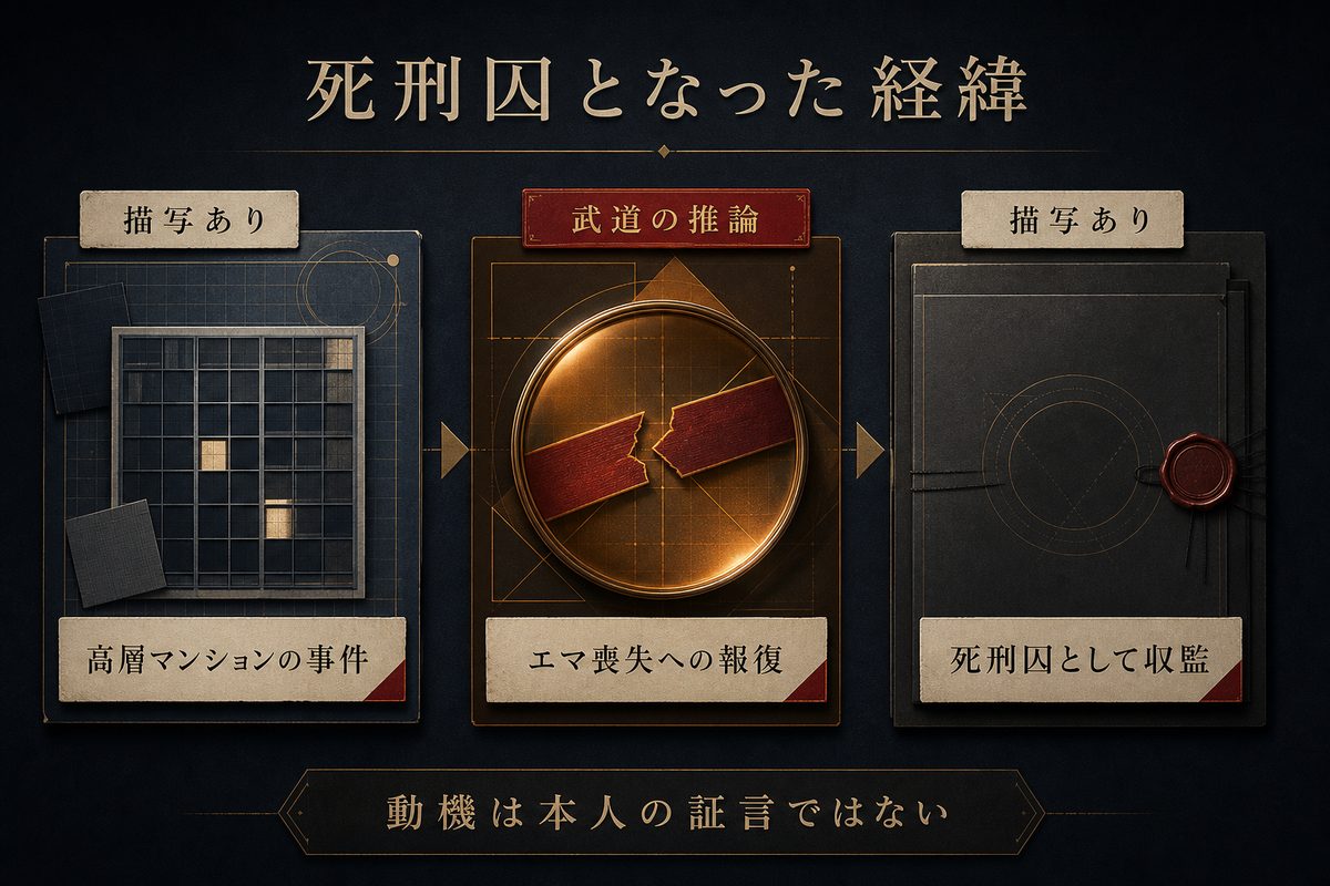 ドラケンが死刑囚となった経緯を描写・武道の推論・結果に分けて整理した画像