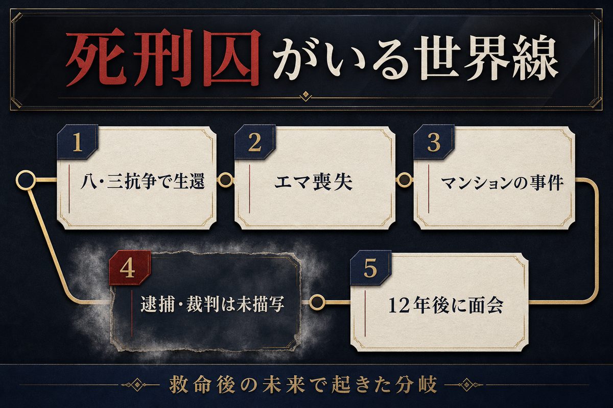 死刑囚ドラケンが登場する世界線を八・三抗争から12年後の面会まで時系列で整理した画像