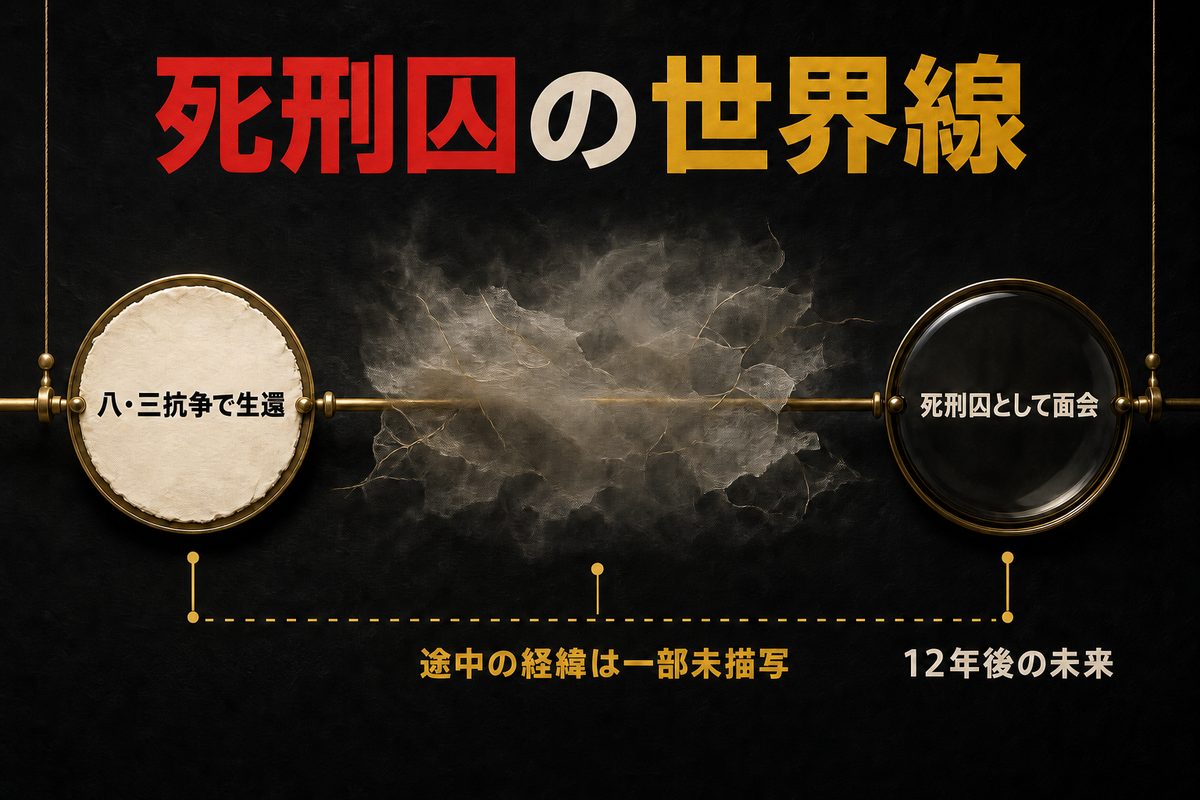 八・三抗争での生還から12年後の未来で死刑囚として面会するまでと、途中の一部が未描写であることを示した世界線図