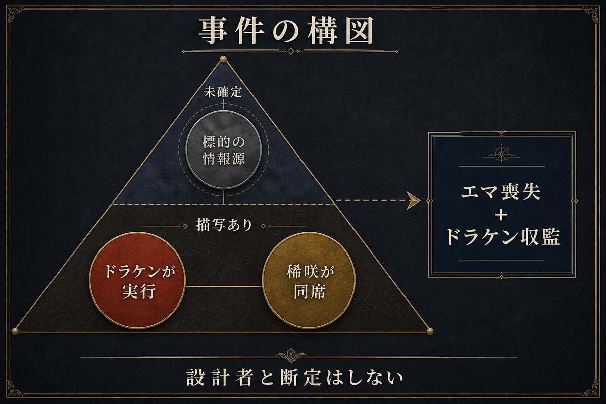 収監に至る事件で確認できるドラケンの実行と稀咲の同席、未確定の情報源を整理した画像
