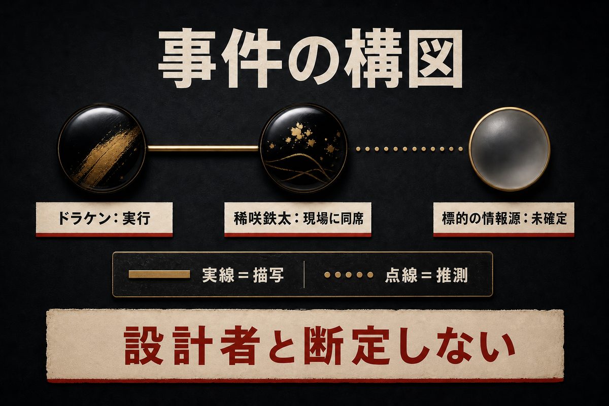 ドラケンが実行し稀咲鉄太が現場に同席した描写と、標的の情報源や設計者が未確定である境界を実線と点線で示した事件構図