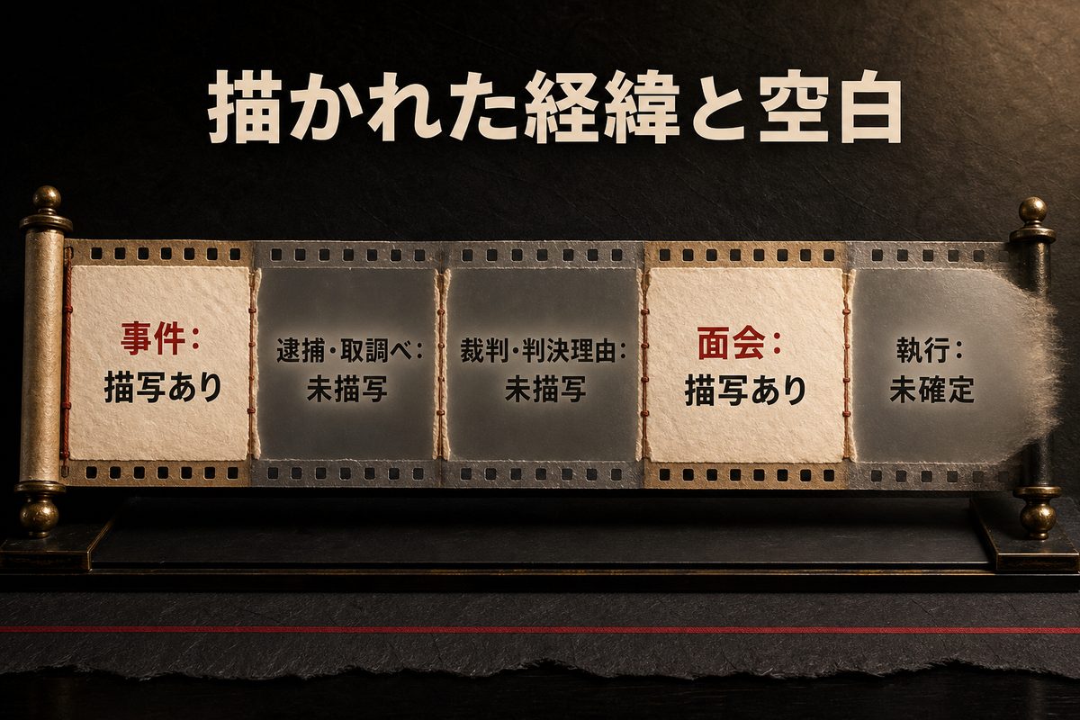 事件と面会は描写あり、逮捕・取調べと裁判・判決理由は未描写、執行は未確定であることを五段階で示した図