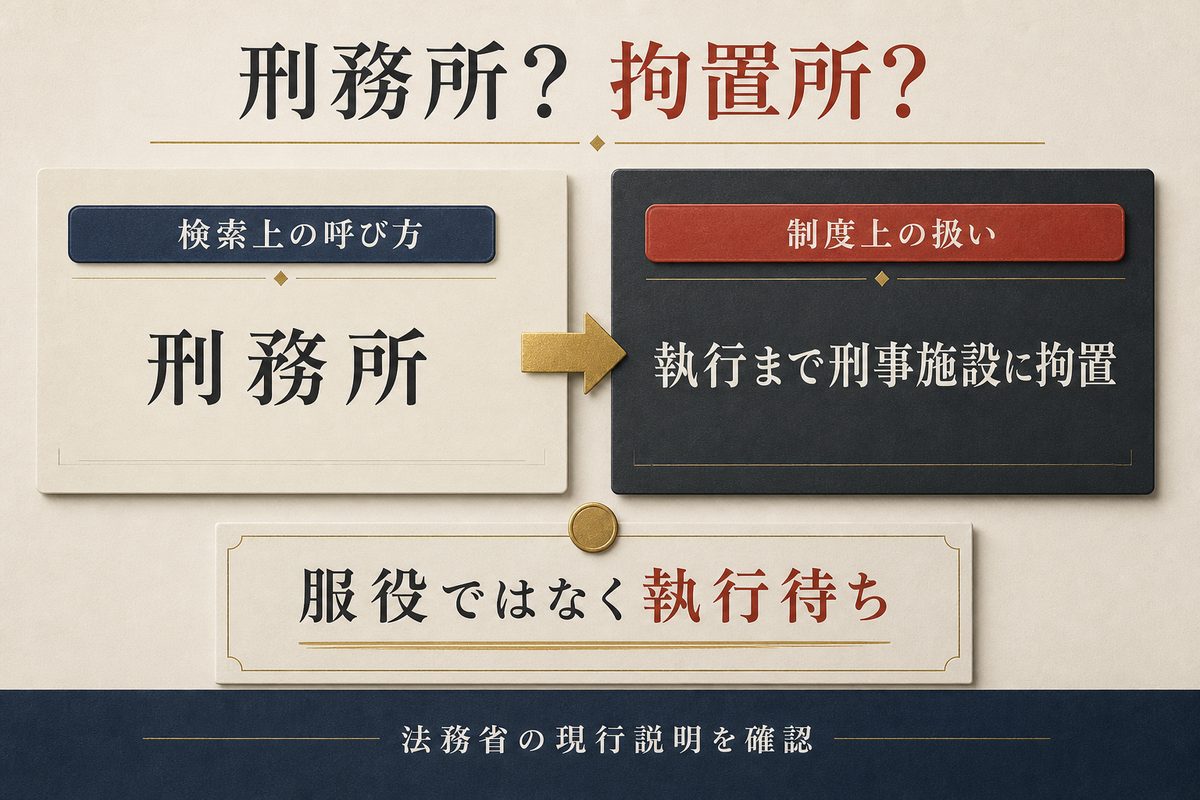 死刑確定者の収容を検索上の刑務所と制度上の拘置に分け、武道との面会の意味を整理した画像