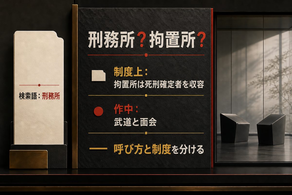 検索語としての刑務所と、死刑確定者を収容する拘置所という制度上の説明、作中の武道との面会を分けた図