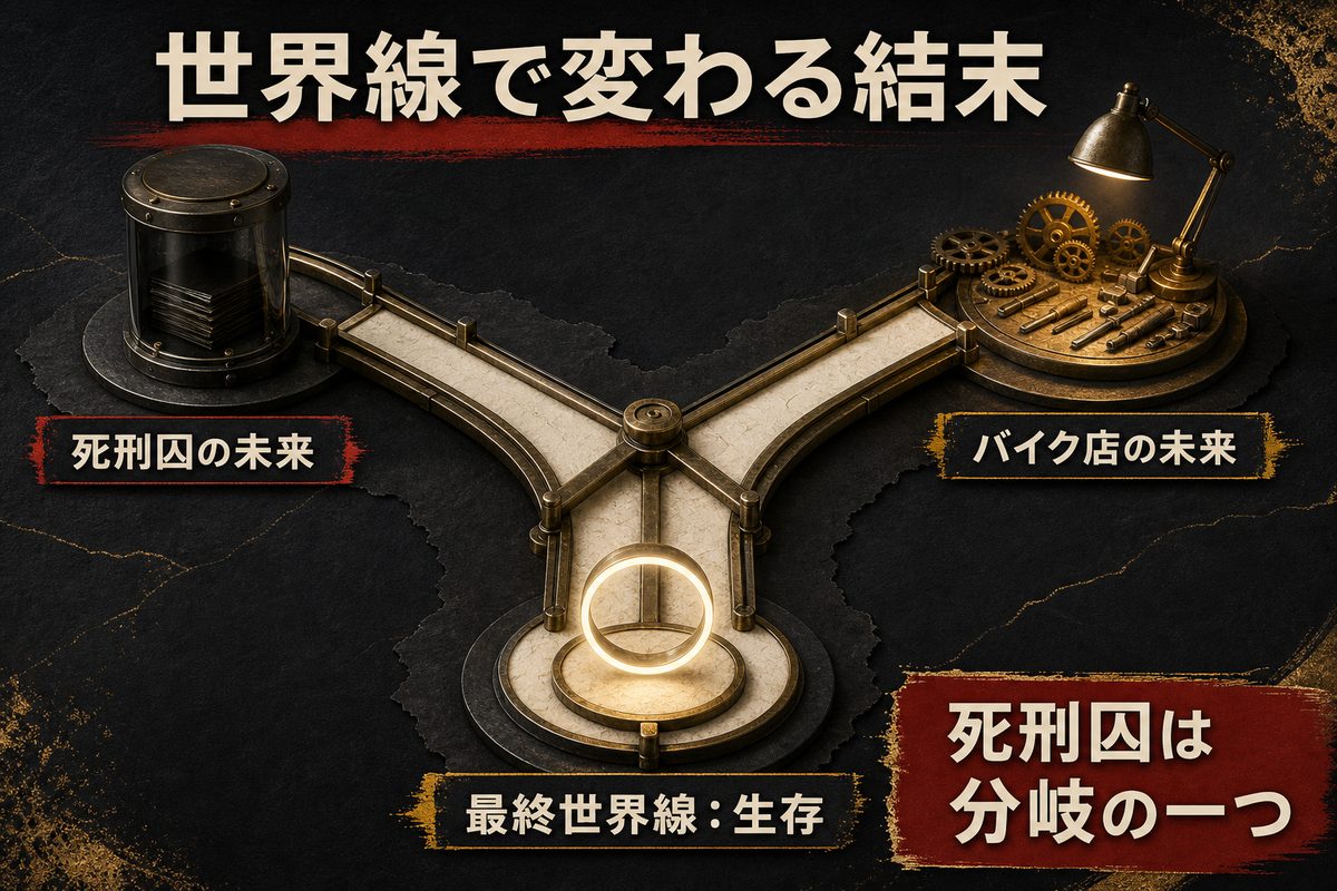 ドラケンの結末が死刑囚の未来、バイク店の未来、最終世界線での生存へ分岐することを示した世界線比較図