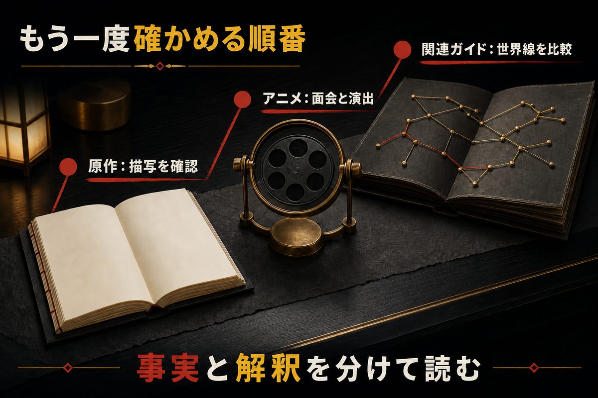 死刑囚ドラケンの経緯を原作、アニメ、関連ガイドの順で確かめ、事実と解釈を分けて読む方法を示した図
