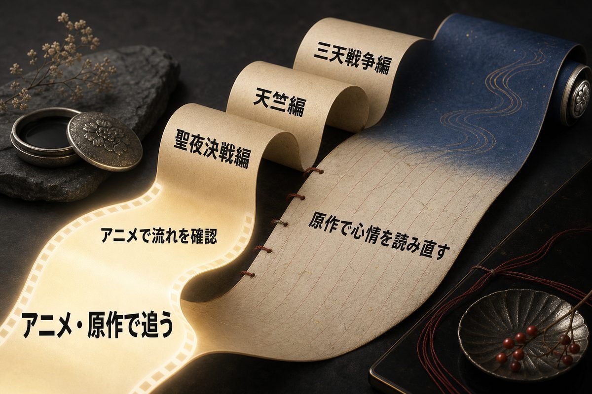 イヌピーの物語を聖夜決戦編、天竺編、三天戦争編の順にアニメと原作で追う方法を示した図