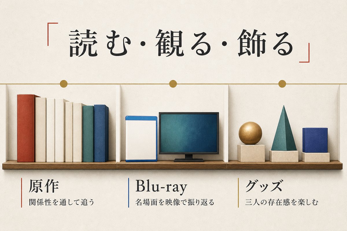 東京リベンジャーズを原作で読む、Blu-rayで観る、グッズで飾る三つの楽しみ方を示した図