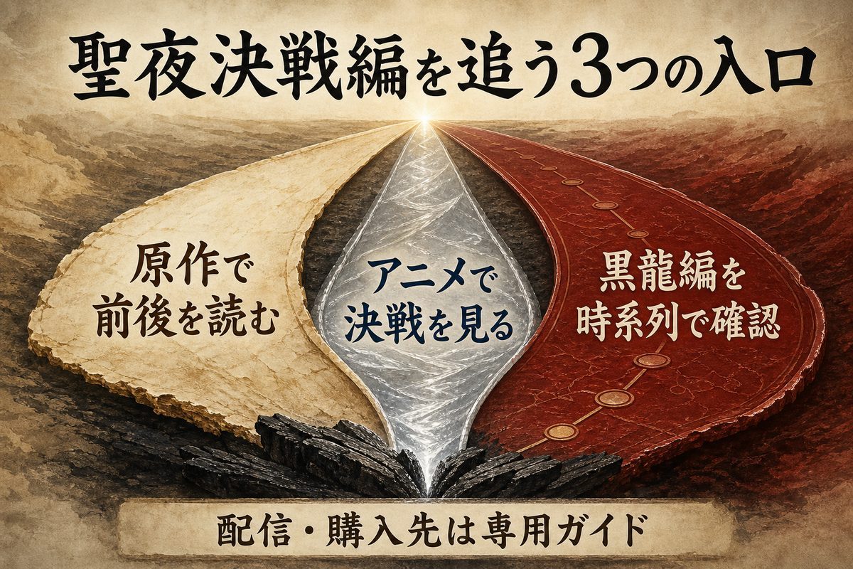 聖夜決戦編を原作、アニメ、黒龍編の時系列から追い、配信・購入ガイドを確認する3つの入口を整理した図