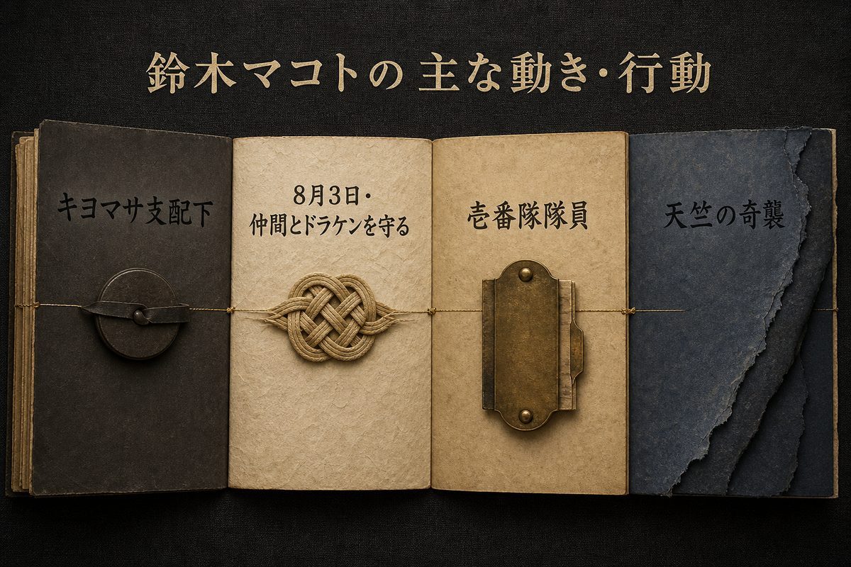 鈴木マコトについてキヨマサ支配下から8月3日、壱番隊、天竺の奇襲までの主な動きを整理した画像