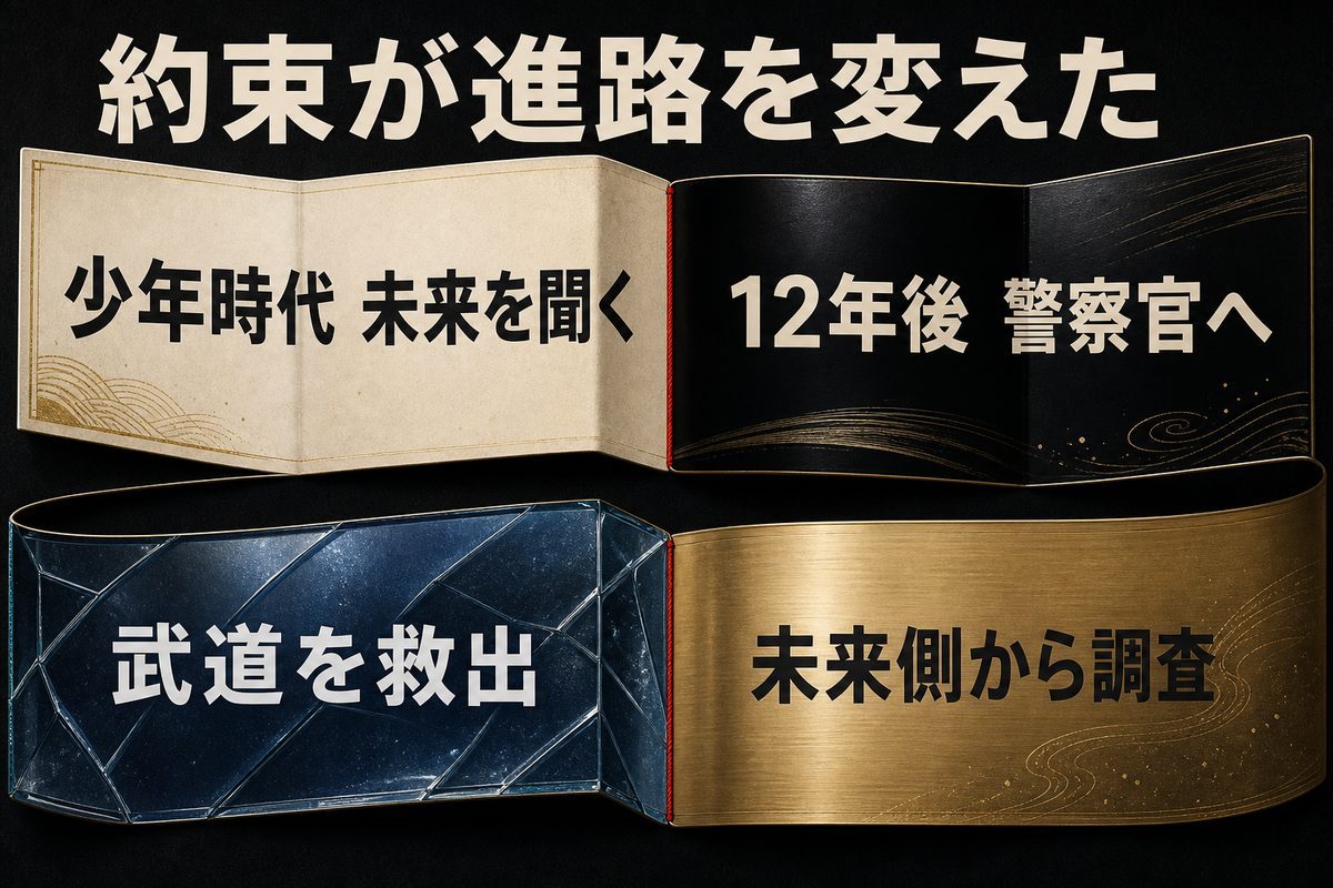 少年時代に未来を聞いた橘直人が12年後に警察官となり武道を救出して調査を支える流れ