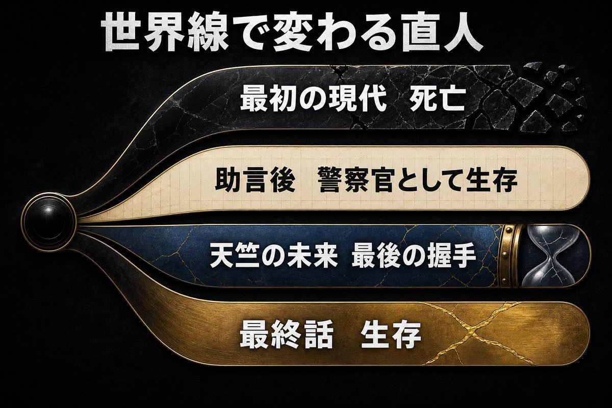 橘直人の生死が最初の現代、助言後、天竺の未来、最終話で変化する世界線図