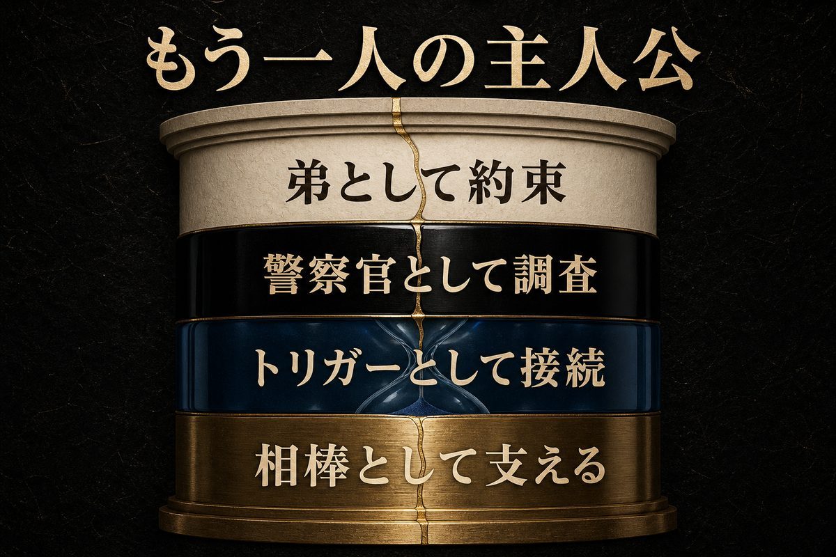 橘直人を弟、警察官、タイムリープのトリガー、武道の相棒という四役でまとめた結論図