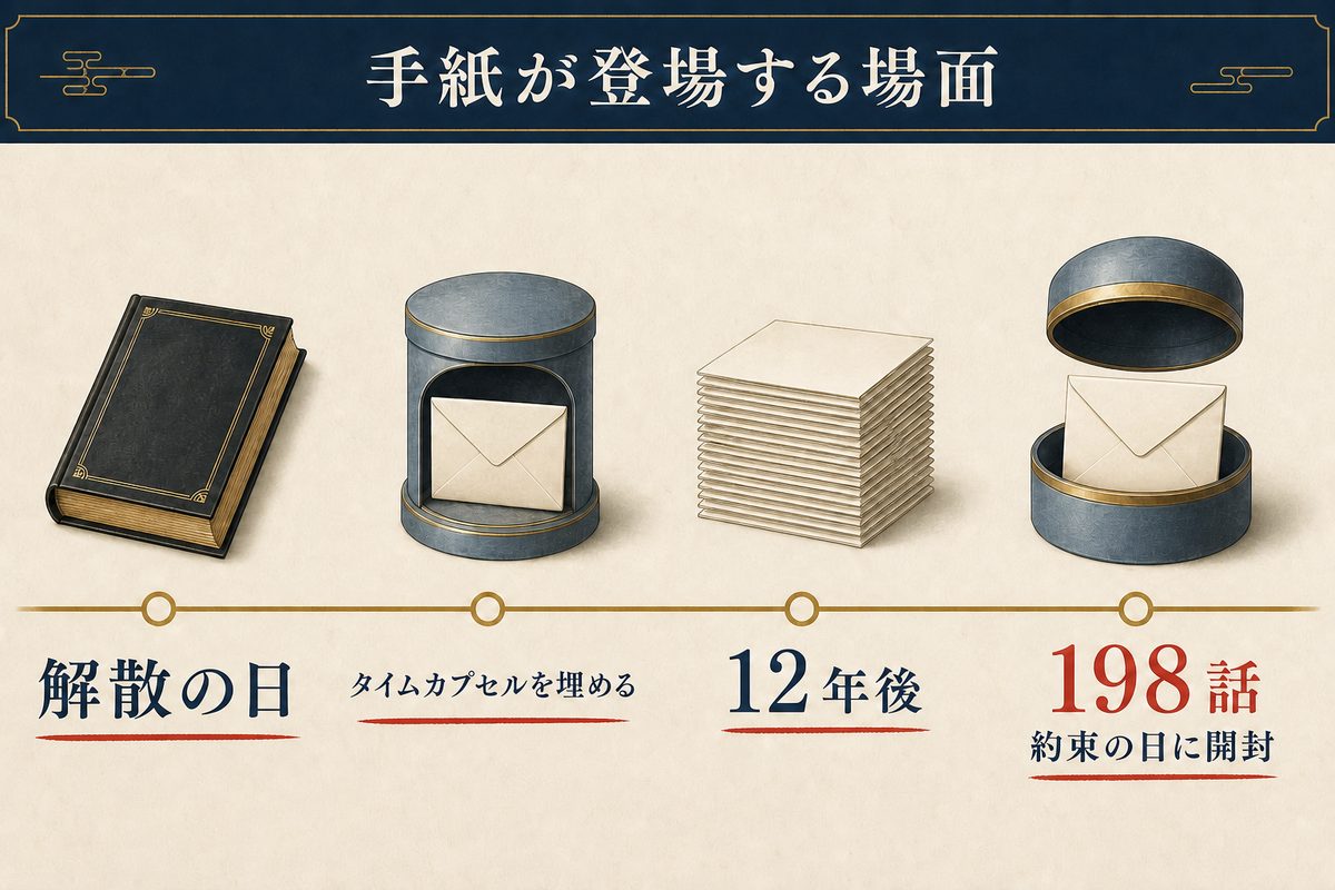 東京卍會解散から12年後の第198話でドラケンの手紙が開封される流れを整理した画像