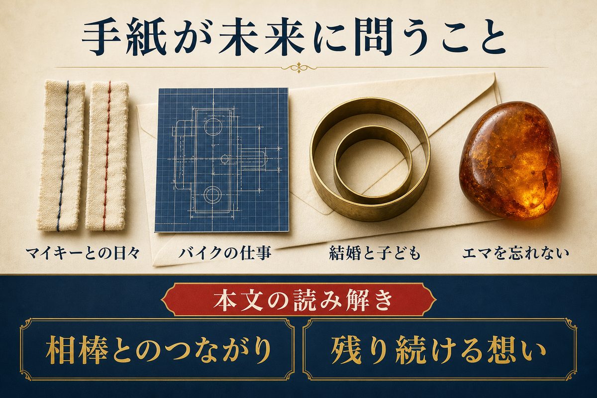ドラケンの手紙が未来に問う内容と、マイキーやエマへの想いを分けて整理した画像