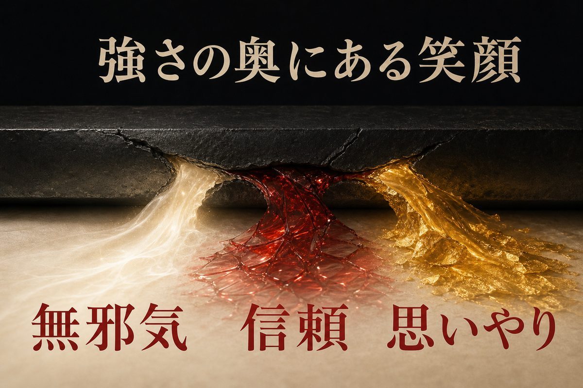 普段の強さと笑顔に現れる無邪気さ・信頼・思いやりのギャップを表す図