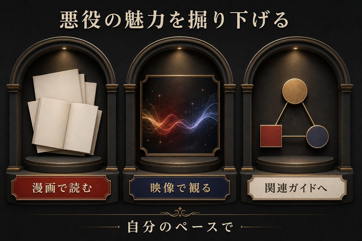 悪役の魅力を漫画・映像・関連ガイドで掘り下げる三つの楽しみ方を整理した画像