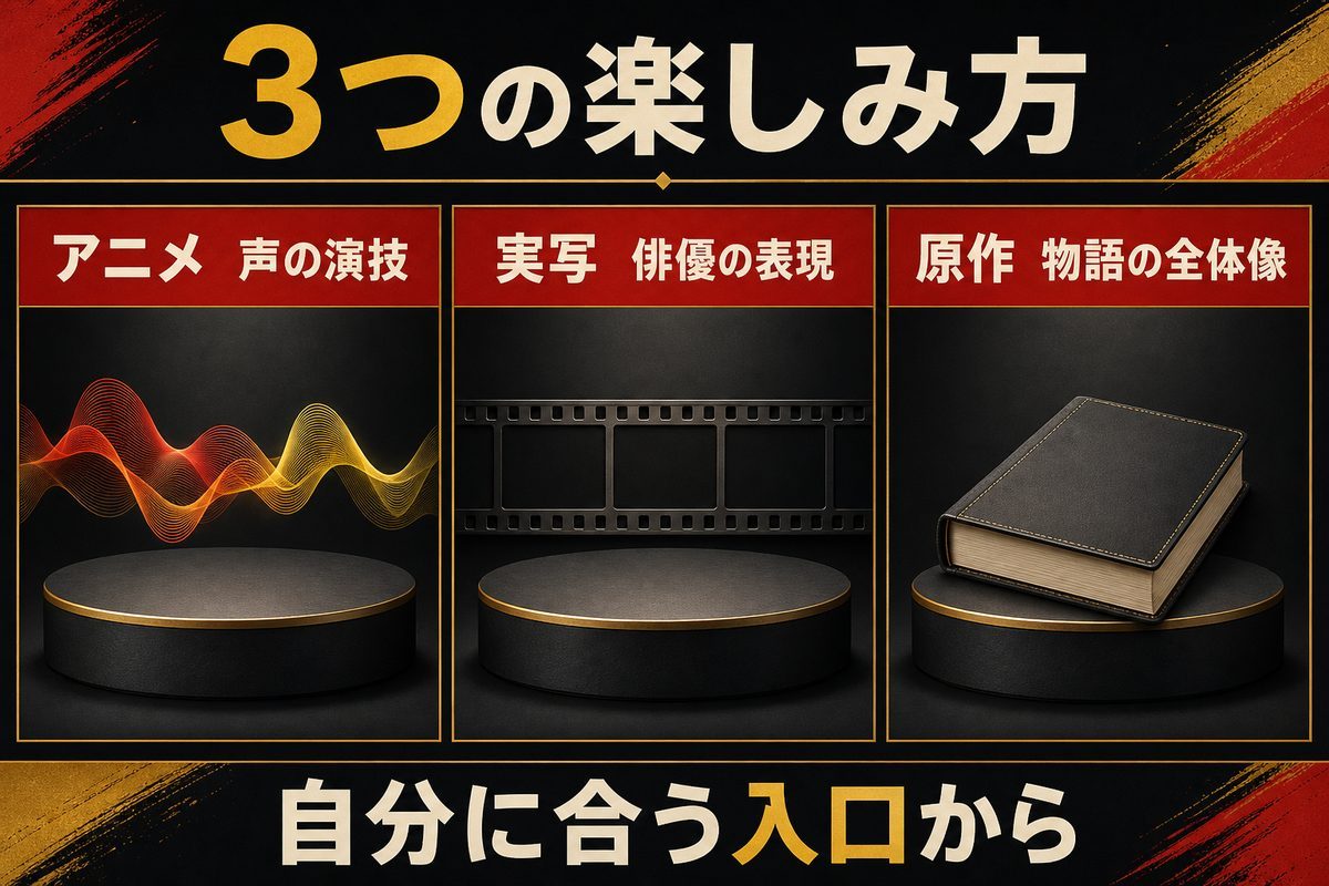 アニメ・実写・原作の3つの楽しみ方と、それぞれの魅力を整理した比較図