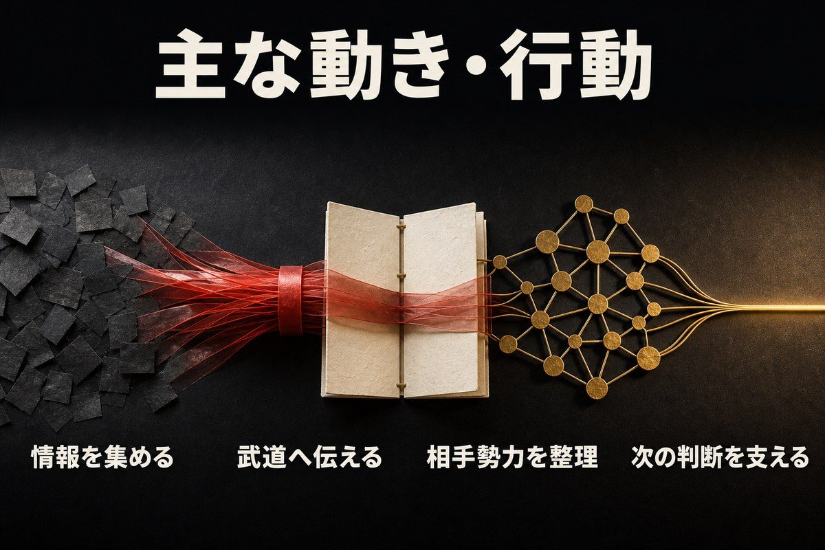 山岸一司の主な動きを、情報収集、武道への共有、相手勢力の整理、次の判断を支える流れとして示した図