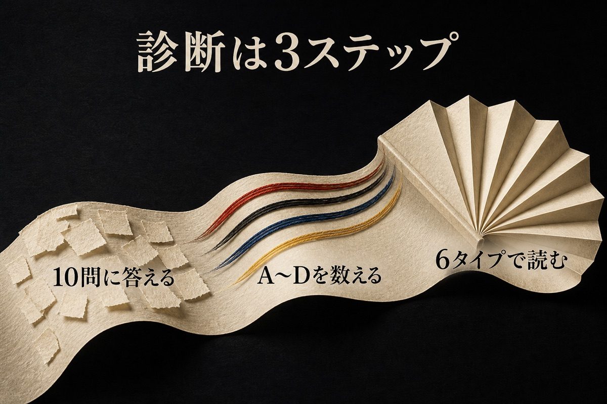 10問に答えA〜Dを数えて6タイプを読む診断3ステップ図