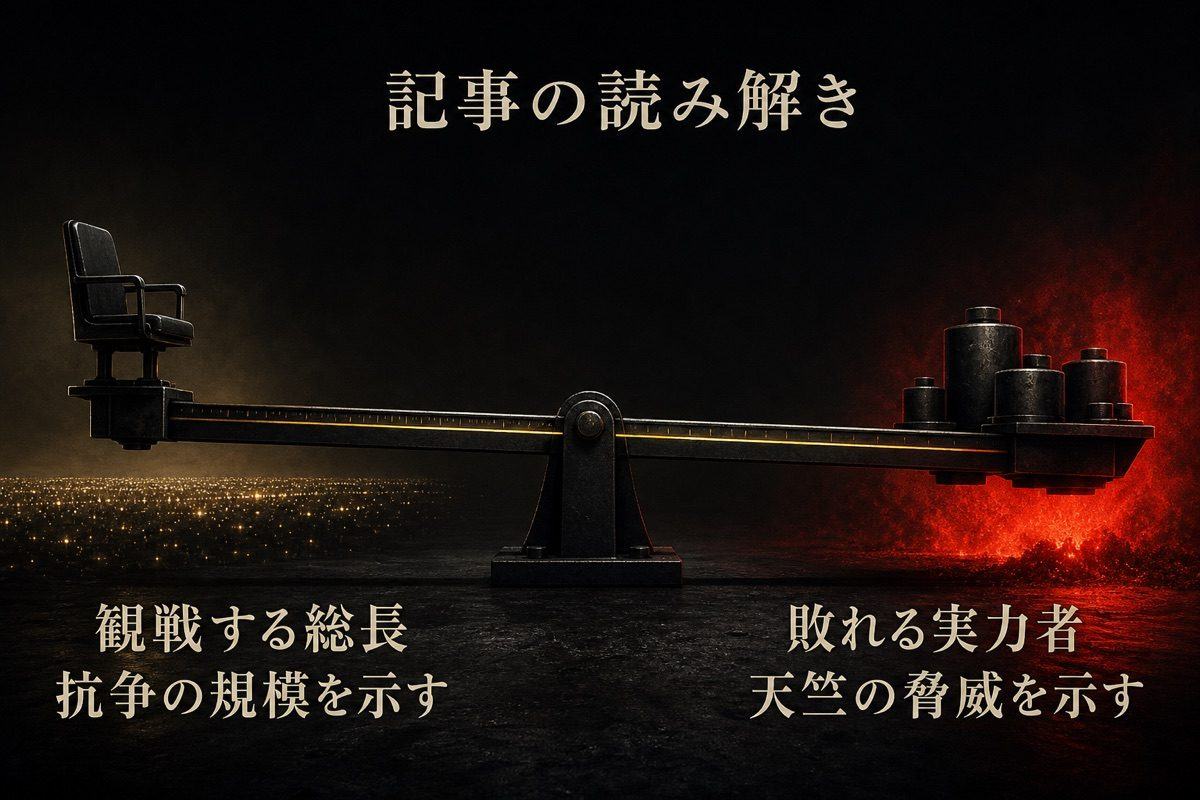 ガリ男の観戦と敗北が抗争の規模と天竺の脅威を示すという記事の読解図