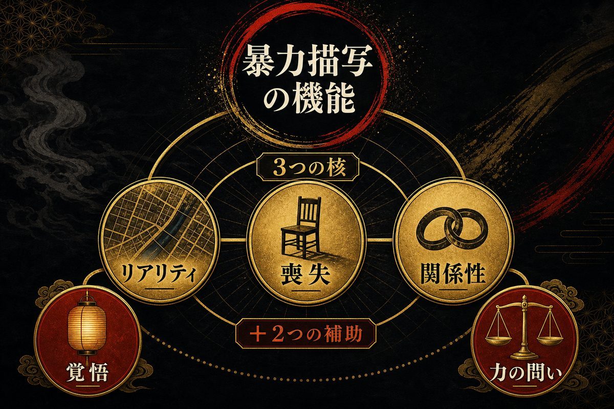 暴力描写が果たす3つの機能（整理表）の要点を整理した東京リベンジャーズ解説画像
